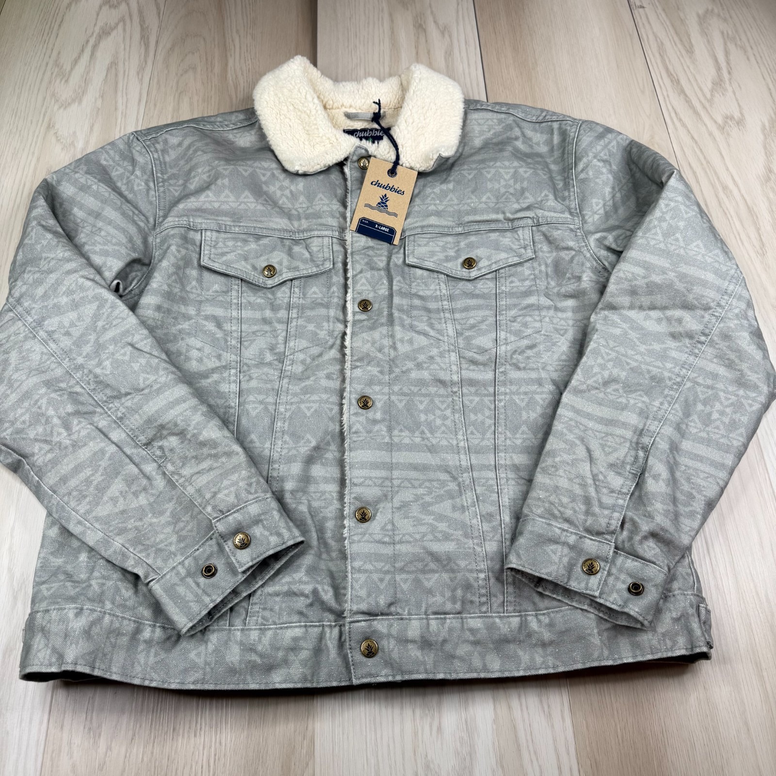 Chubbies Mens Gray Aztec Sherpa Fleece Lined Denim Trucker Jacket Size Xl Nwt